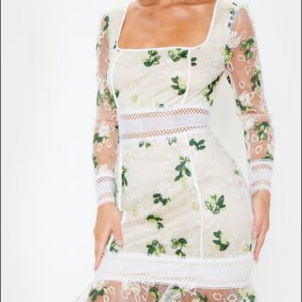 PrettyLittleThing White Floral Print Lace Dress